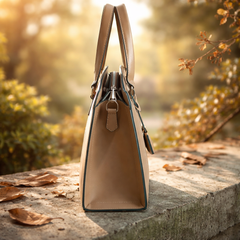 a beige Louis Vuitton top-handle handbag