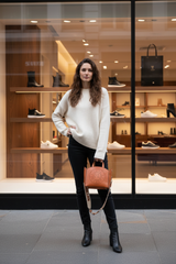 Karl Lagerfeld K/Circle perforated leather tote bag in Sudan Brown or Dark Tan.