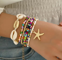 This Bohemian-style seashell and starfish bracelet set is generally listed as a 7-piece