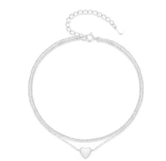 This is a minimalist, silver-plated double-layer ankle bracelet featuring a delicate heart charm and a shimmering chain.
