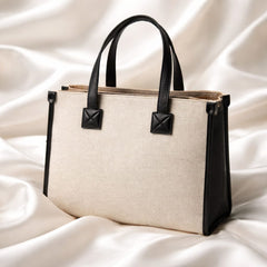 Burberry Medium Freya tote bag in natural cotton canvas with black calf leather trim