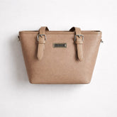 a David Jones trendy women's small tote bag in a beige or camel brown color. The Parisian brand is known for its affordable and fashionable handbags with timeless French style