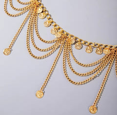 a gold-colored, multi-layered metal belly chain with small ball or coin pendants.