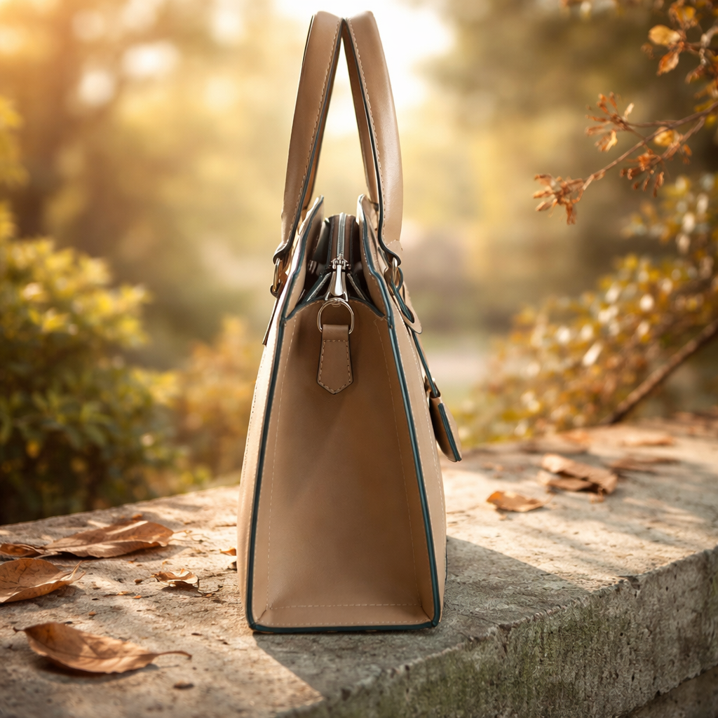 a beige Louis Vuitton top-handle handbag