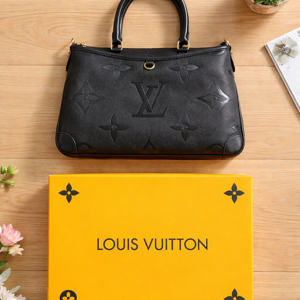 Louis Vuitton Trianon MM bag in black Monogram Empreinte leather.