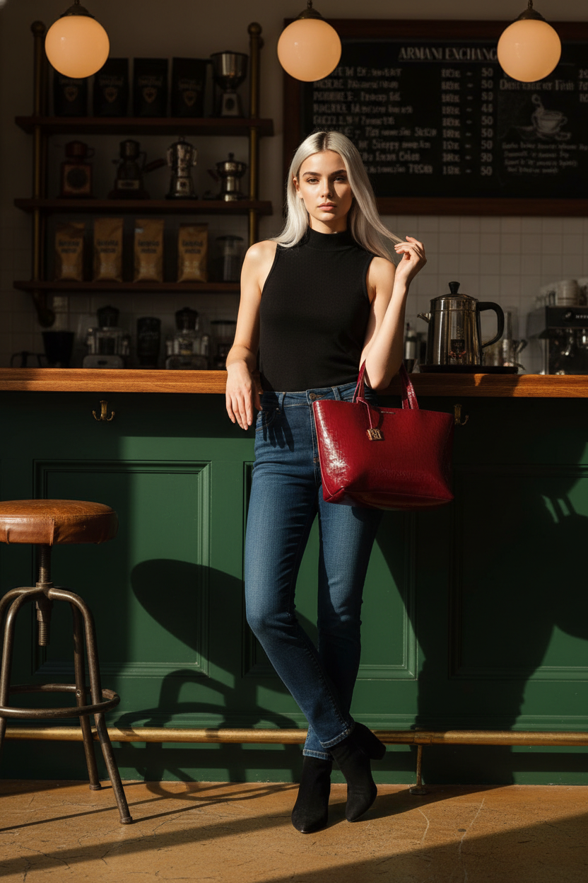 Armani Exchange brand-embossed tote bag in a dark red color and a patent finish.