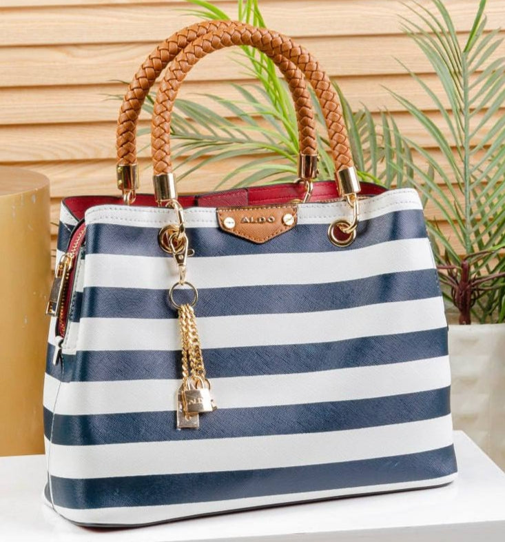 Aldo Lothycan striped satchel handbag in navy and white.