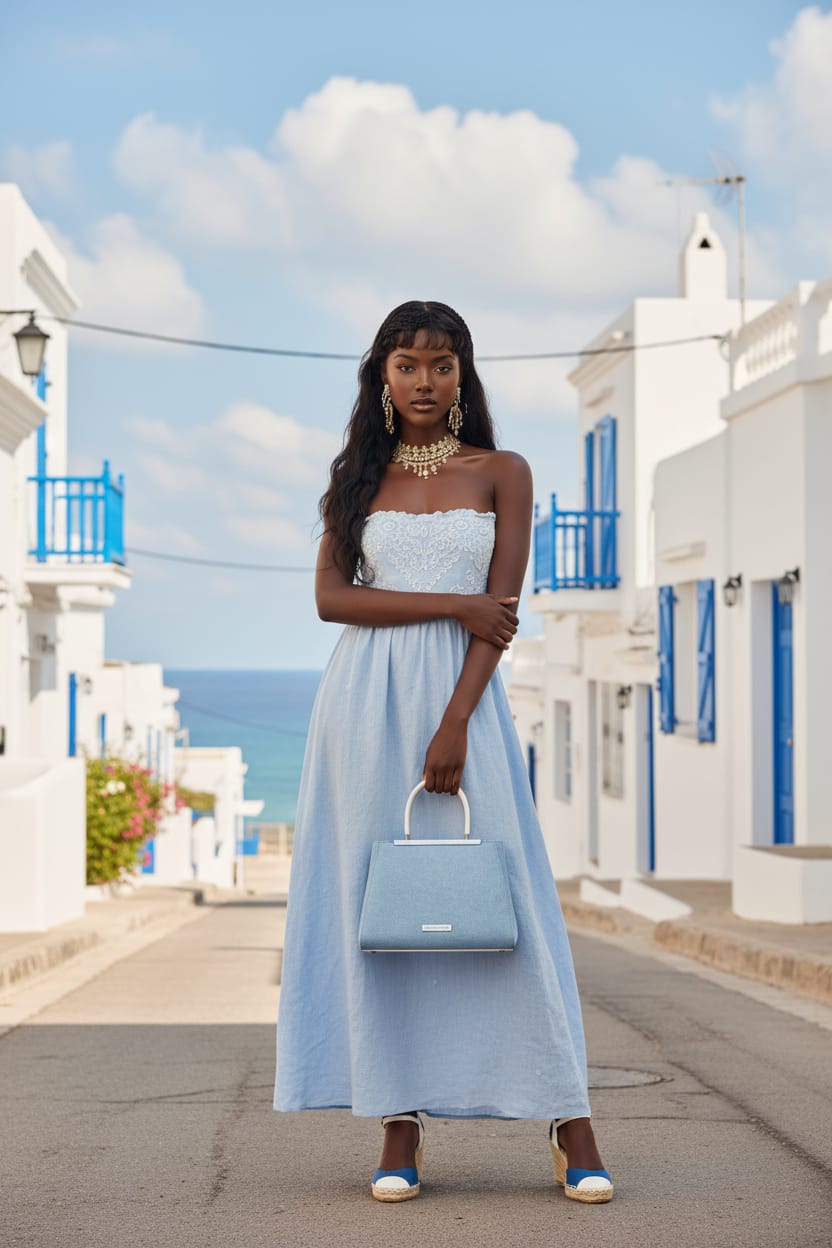 Burberry light blue denim top-handle handbag with white handles