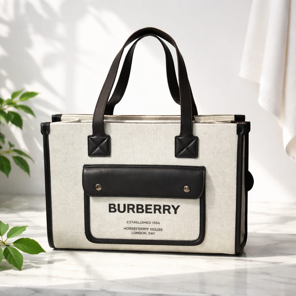 Burberry Medium Freya tote bag in natural cotton canvas with black calf leather trim