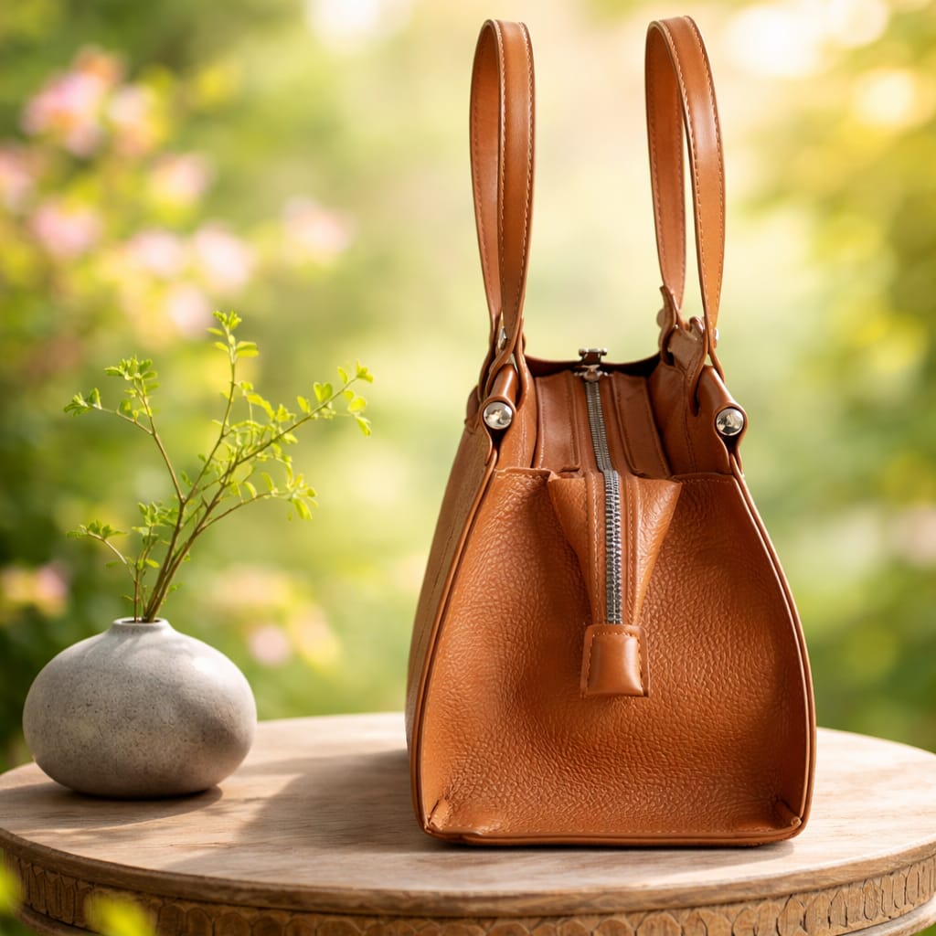 a David Jones brown top-handle handbag, likely made of PU leather.