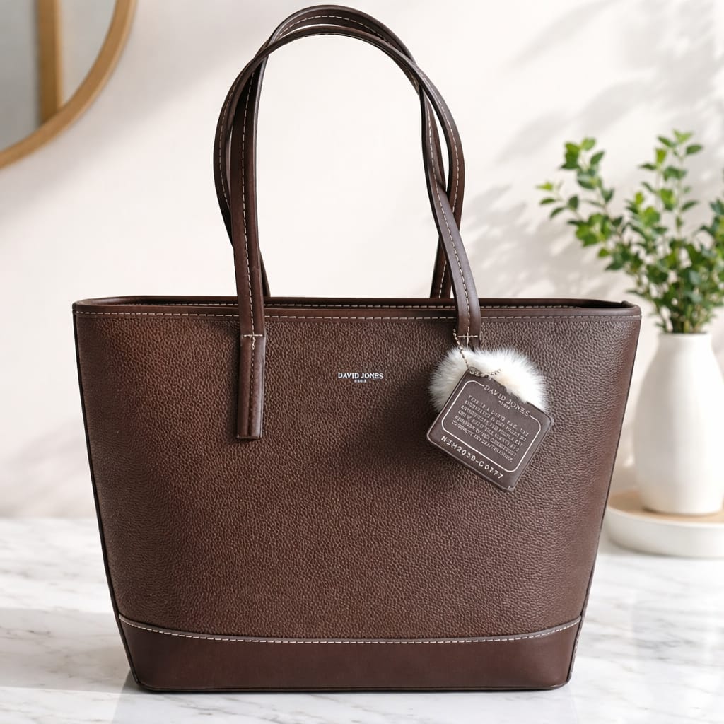 a brown faux leather David Jones shoulder tote bag.