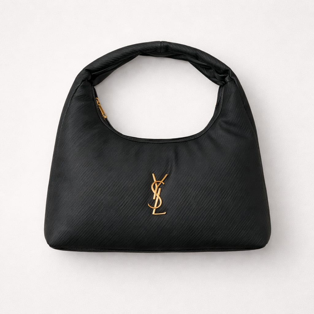 Saint Laurent Calypso mini hobo bag in black plunged lambskin leather with a gold-tone logo